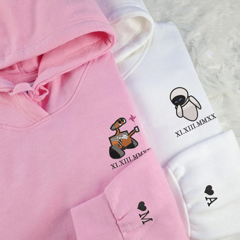 Custom Embroidered Roman Numeral Hoodies for Couples, Cute Robot Love Embroidered Hoodie, Matching Couple Outfit