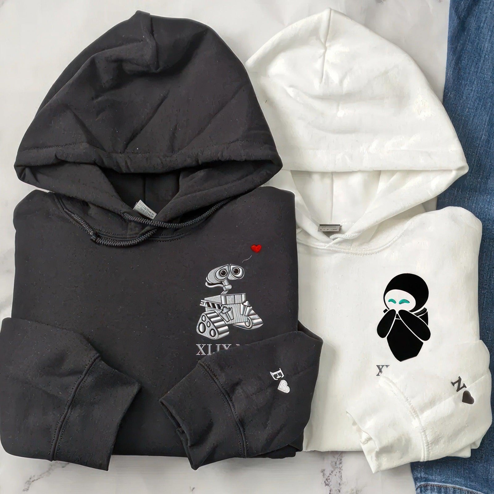 Custom Embroidered Roman Numeral Hoodies for Couples, Personalized Robot Love Couples Embroidered Hoodies