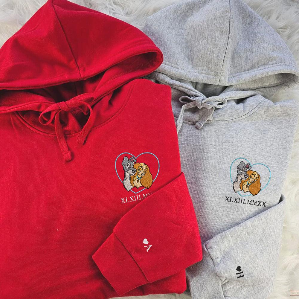 Custom Embroidered Roman Numeral Hoodies for Couples, Romantic Dog Lovers Matching Hoodie