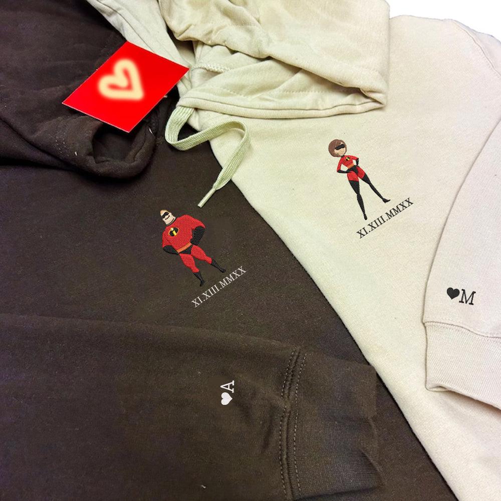 Custom Embroidered Roman Numeral Hoodies for Couples, Superhero Duo Matching Hoodie, Anniversary Gift