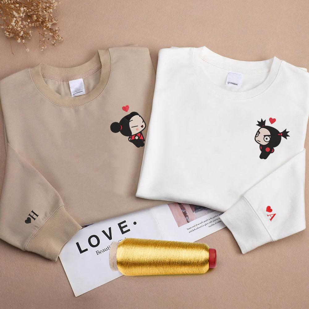 Custom Embroidered Sweatshirt For Couples, Cute Cartoon Ninja Girl & Boy Embroidered Matching Sweater