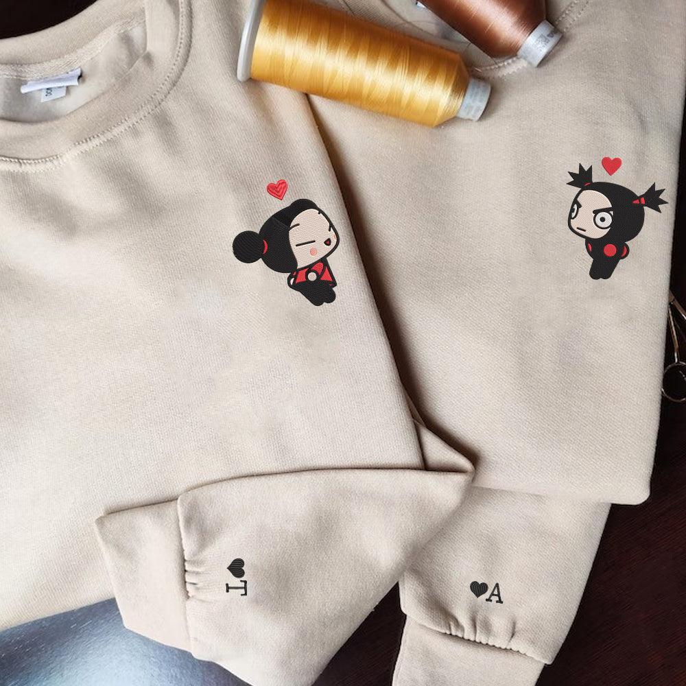 Custom Embroidered Sweatshirt For Couples, Cute Cartoon Ninja Girl & Boy Embroidered Matching Sweater