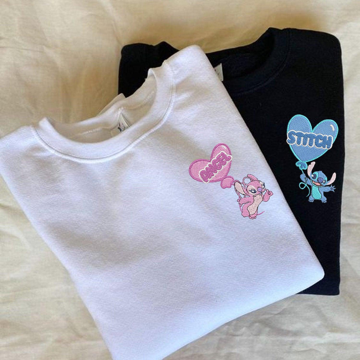 Custom Embroidered Sweatshirt for Couples, Cute Cartoon Alien Duo Sweatshirt with Heart Balloons, Matching Sweater