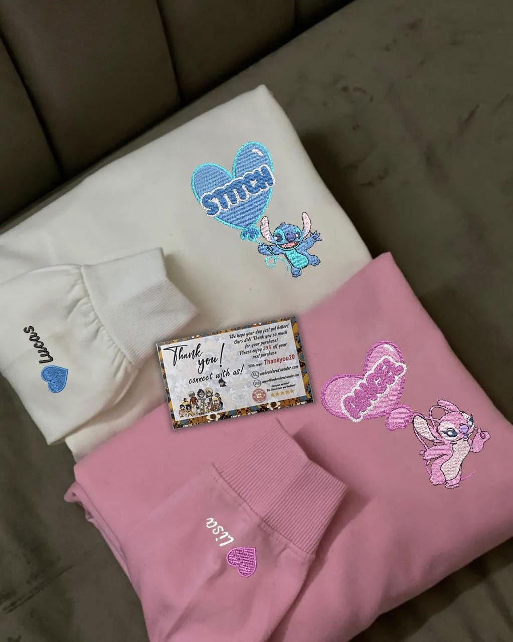 Custom Embroidered Sweatshirt for Couples, Cute Cartoon Alien Duo Sweatshirt with Heart Balloons, Matching Sweater