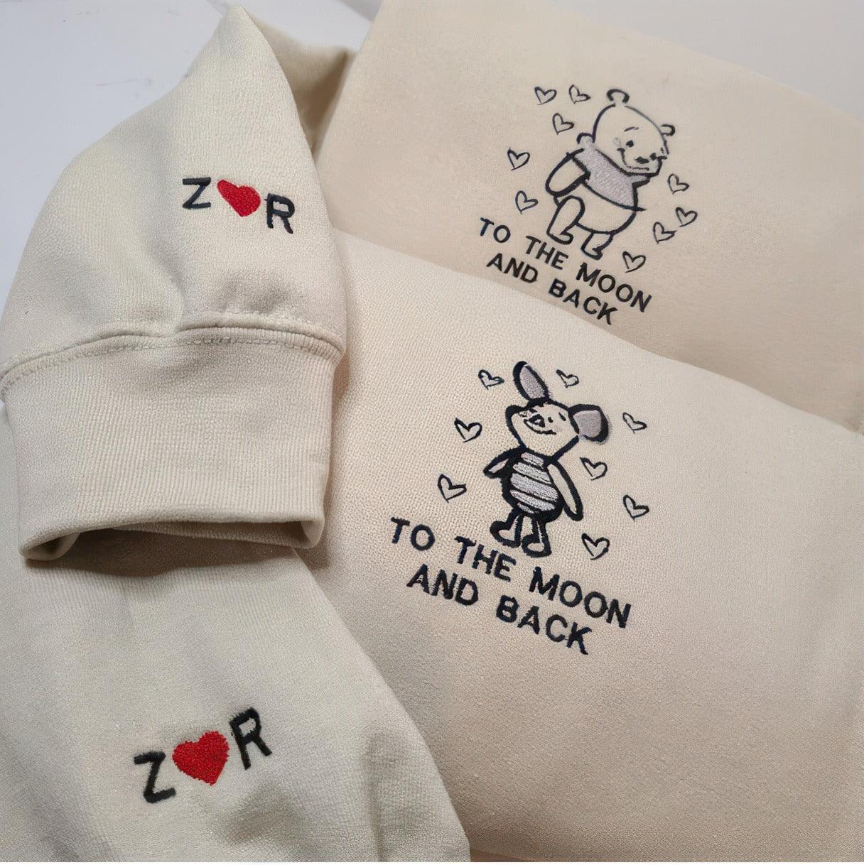 Custom Embroidered Sweatshirts For Couples, Custom Bear To The Moon and Back Cartoon Embroidered Couples Sweatshirt