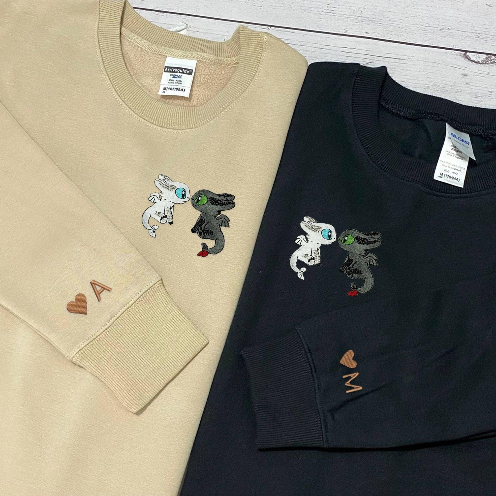 Custom Embroidered Sweatshirts For Couples, Custom Couple Fantasy Dragon Duo Matching Embroidered Sweatshirt