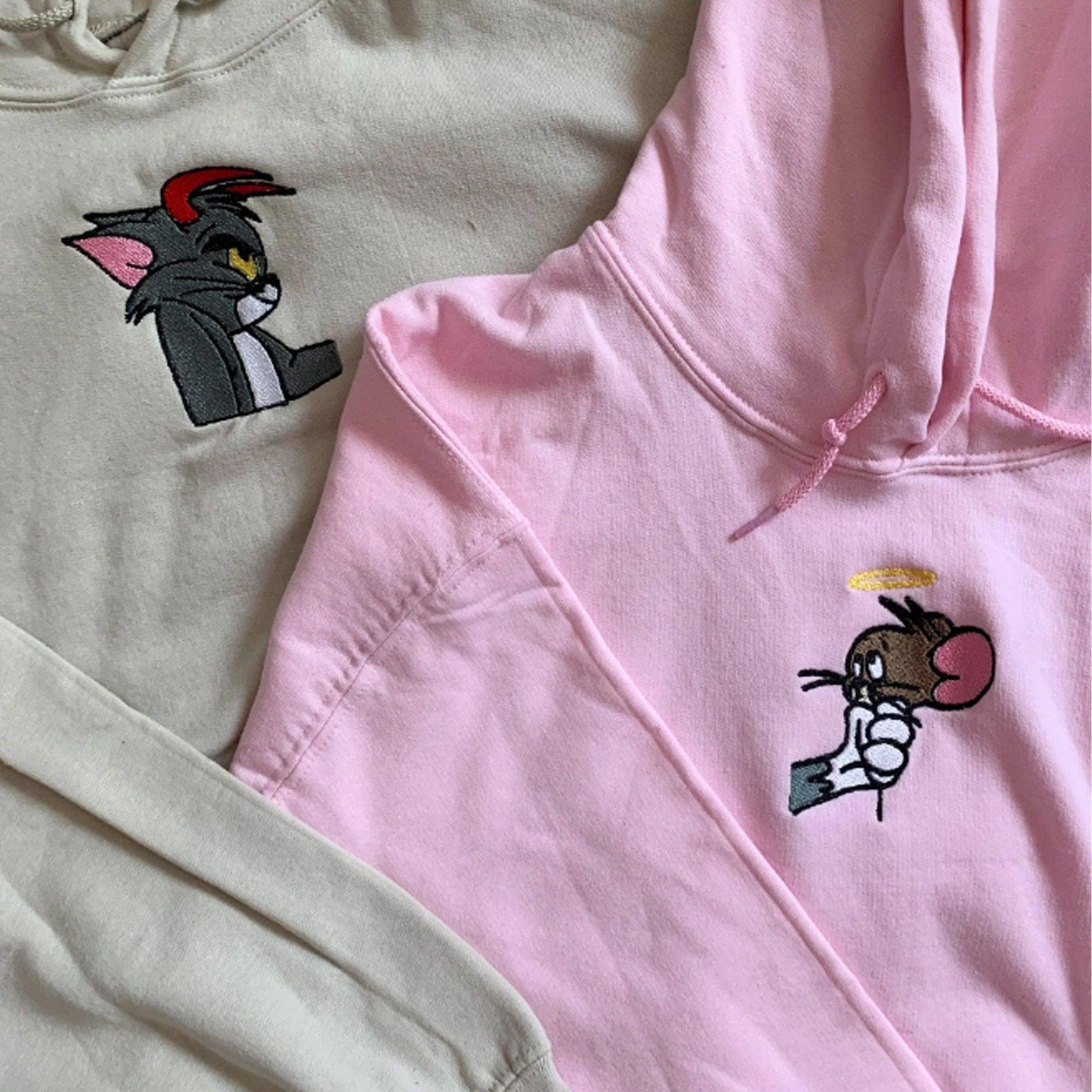 Custom Embroidered Sweatshirts For Couples, Custom Funny Cat & Mouse Cartoon Matching Couple Embroidered Sweatshirt