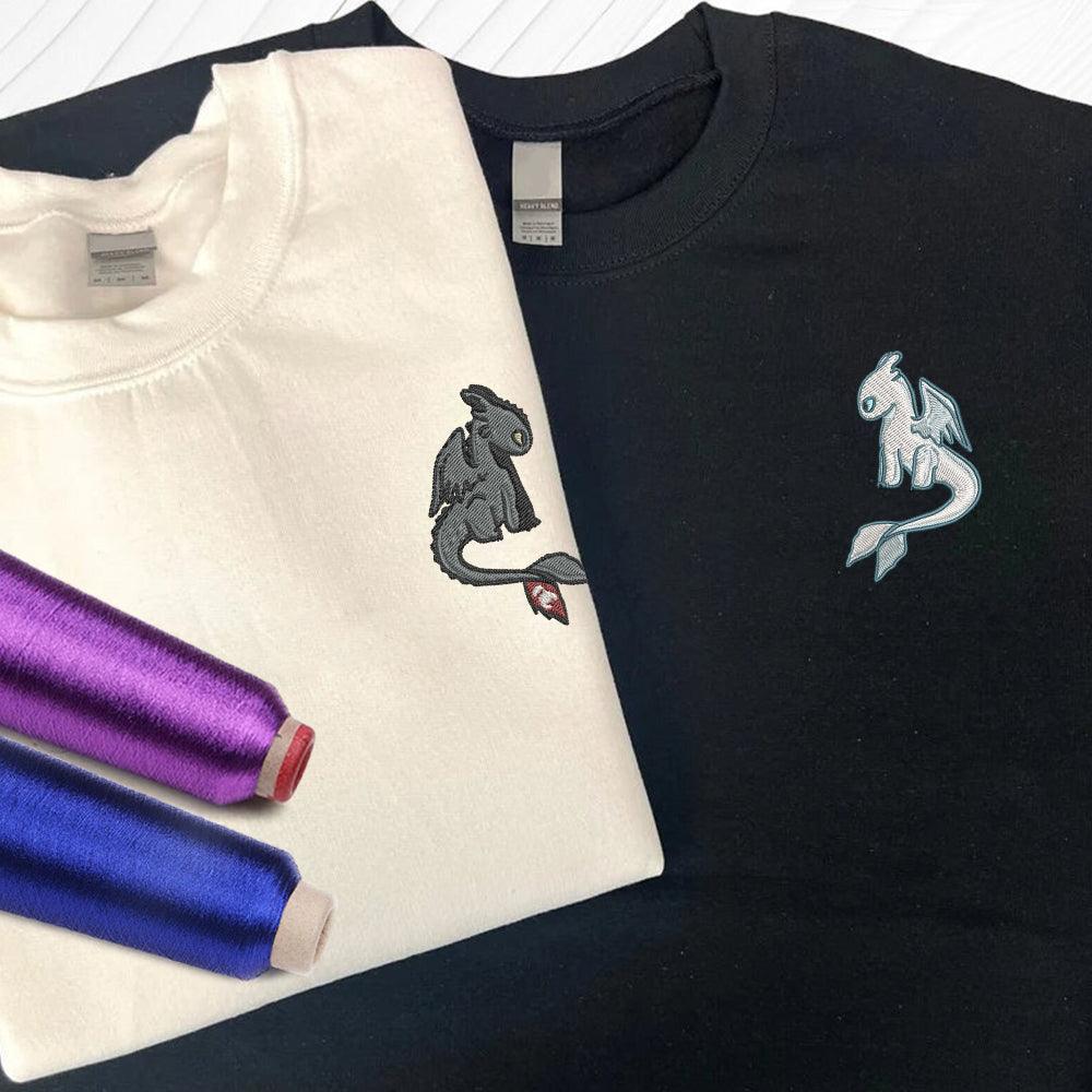 Custom Embroidered Sweatshirts For Couples, Custom Matching Couple Sweatshirt, Cartoon Toothless x Light Fury Couples Embroidered Sweater