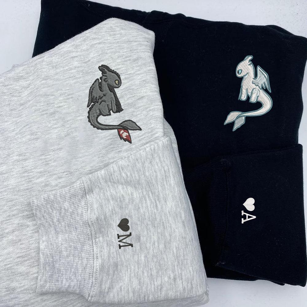 Custom Embroidered Sweatshirts For Couples, Custom Matching Couple Sweatshirt, Cartoon Toothless x Light Fury Couples Embroidered Sweater