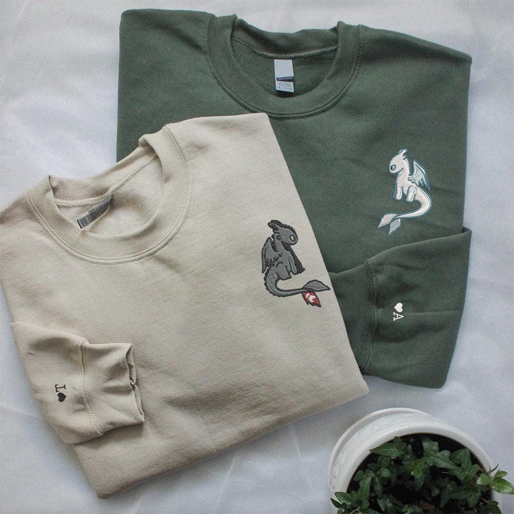 Custom Embroidered Sweatshirts For Couples, Custom Matching Couple Sweatshirt, Cartoon Toothless x Light Fury Couples Embroidered Sweater