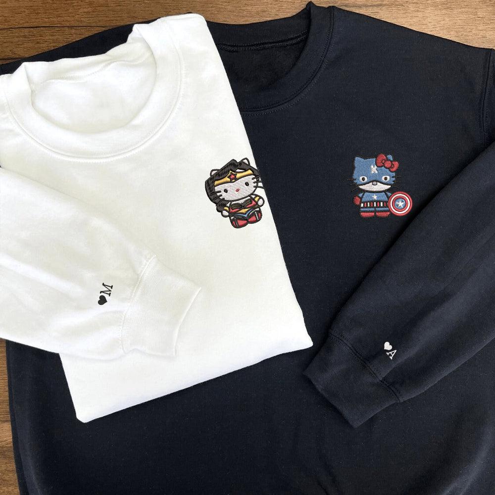 Custom Embroidered Sweatshirts For Couples, Custom Matching Couple Sweatshirt, Superhero Kitten Couples Embroidered Sweater