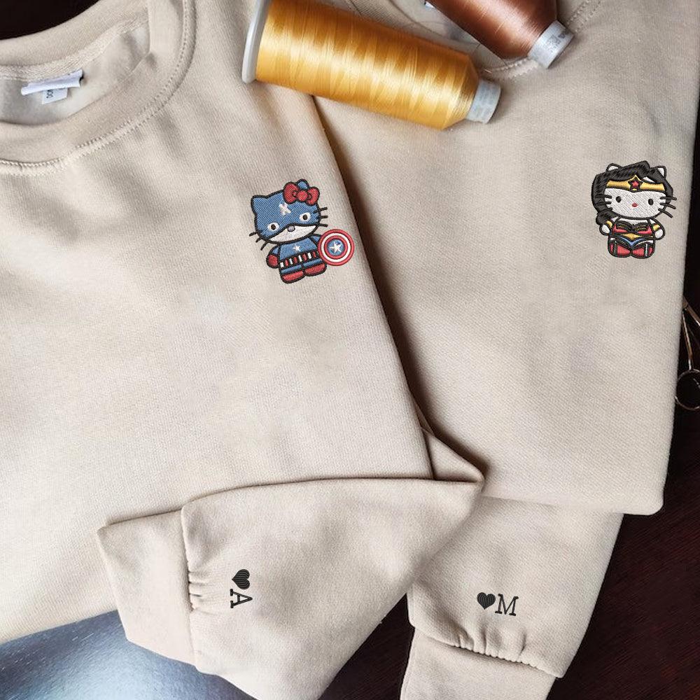 Custom Embroidered Sweatshirts For Couples, Custom Matching Couple Sweatshirt, Superhero Kitten Couples Embroidered Sweater