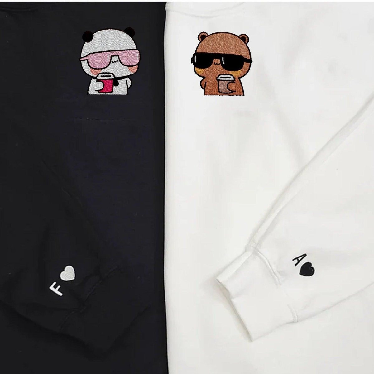 Custom Embroidered Sweatshirts For Couples, Cute Coffee Bear Couple Matching Embroidered Sweater