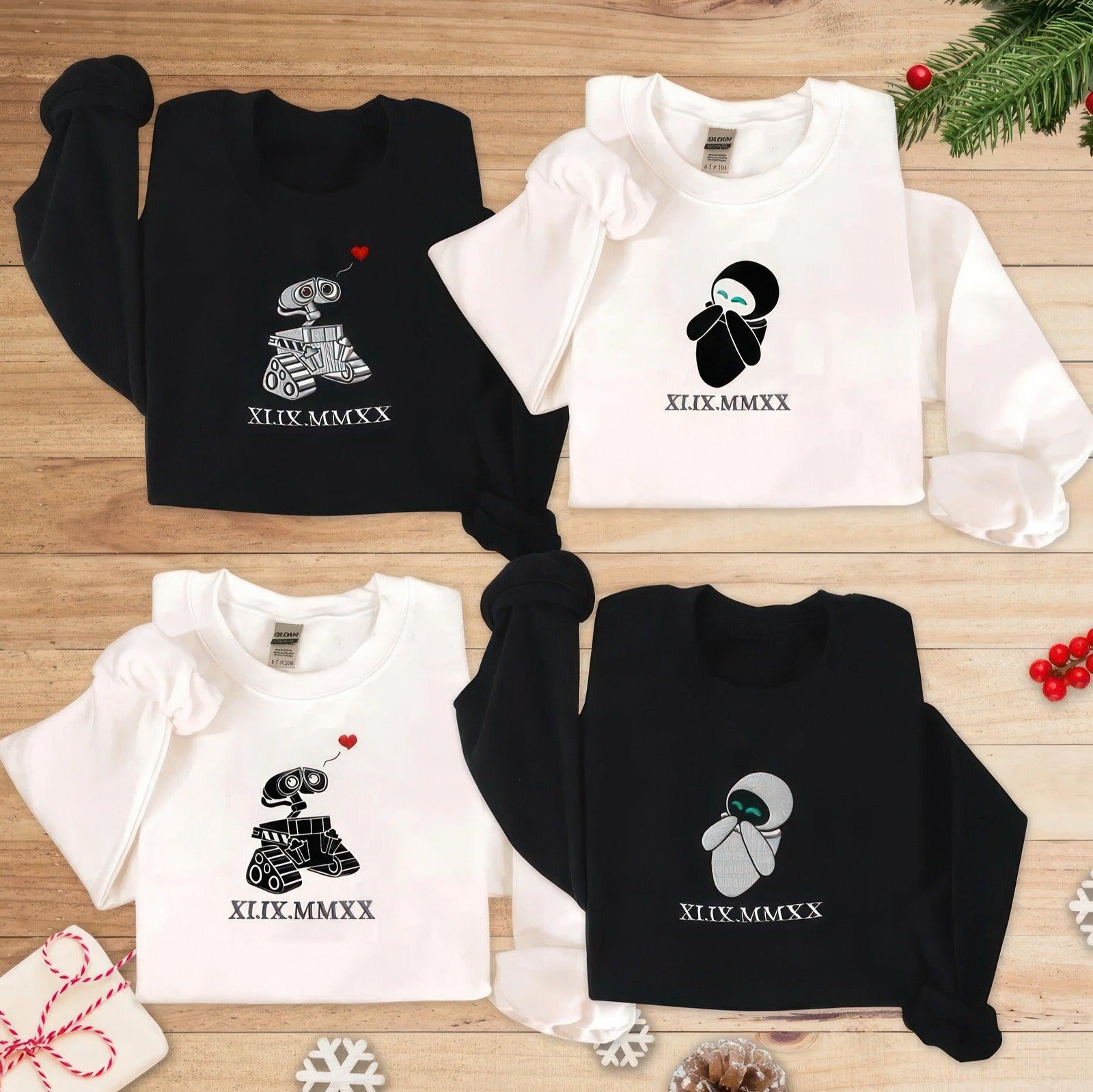 Custom Embroidered Sweatshirts, Matching Cartoon Robot Inspired Couple Sweatshirts with Roman Numeral Date