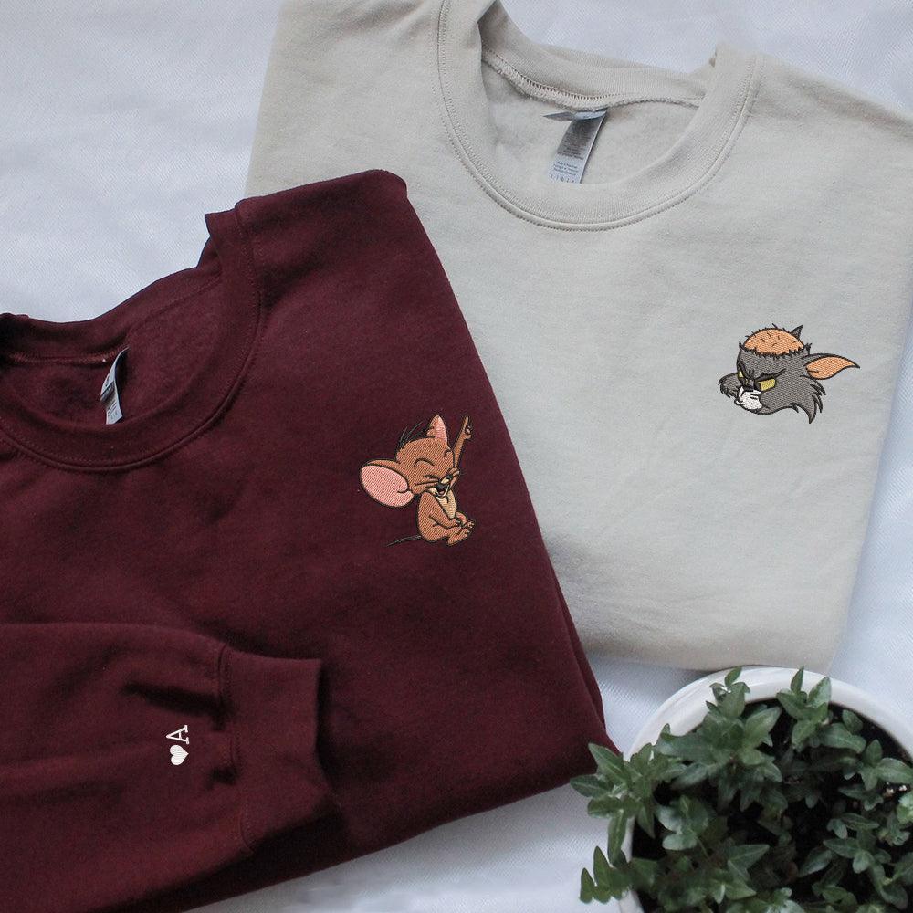 Custom Embroidered Sweatshirts for Couples, Funny Cat and Mouse Matching Sweater, Custom His & Her Outfit