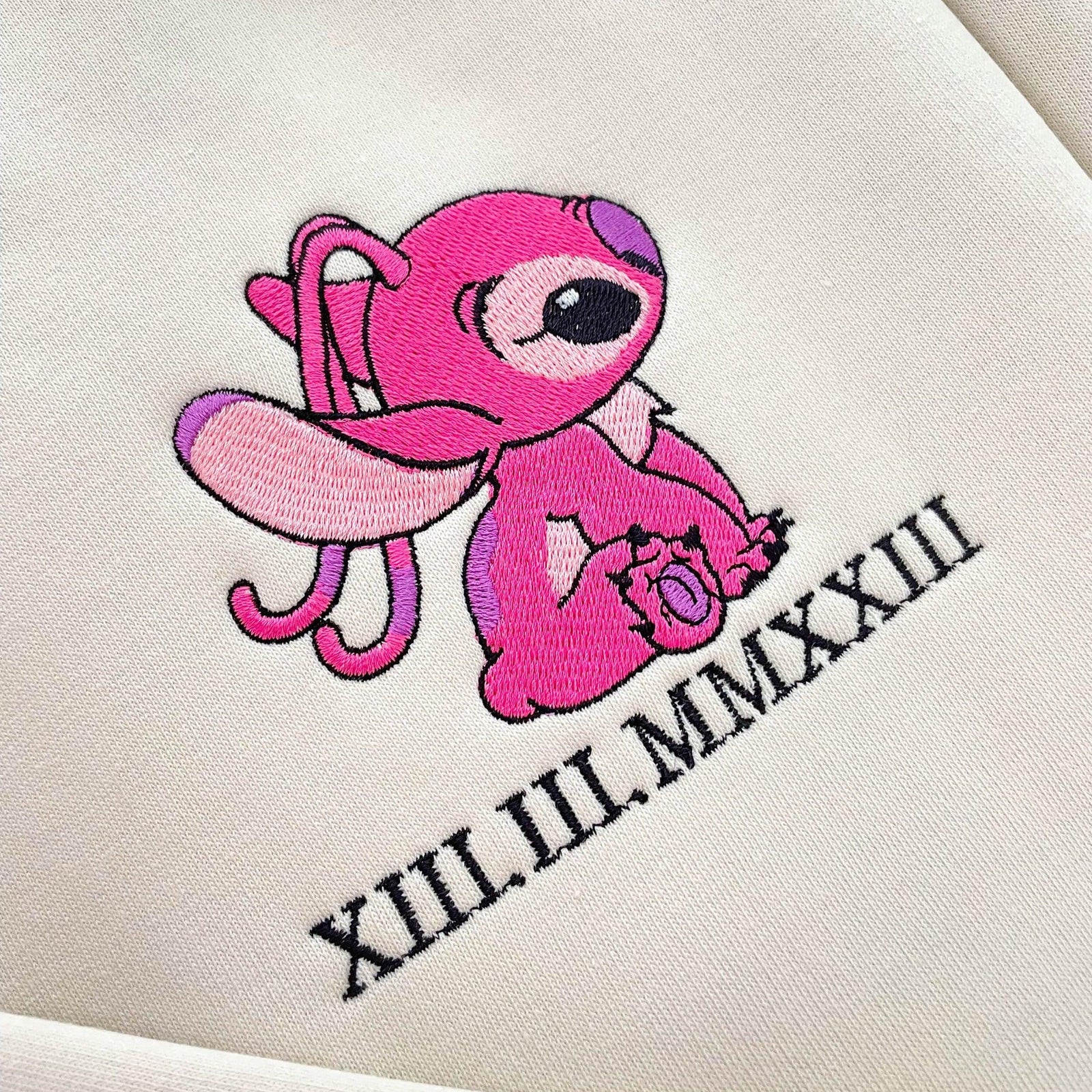Custom Embroidered Sweatshirts for Couples, Matching Roman Numeral Date Hoodie, Cute Cartoon Alien Duo Hoodie