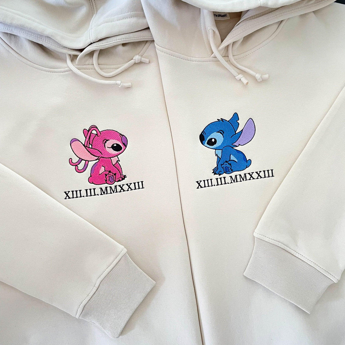 Custom Embroidered Sweatshirts for Couples, Matching Roman Numeral Date Hoodie, Cute Cartoon Alien Duo Hoodie