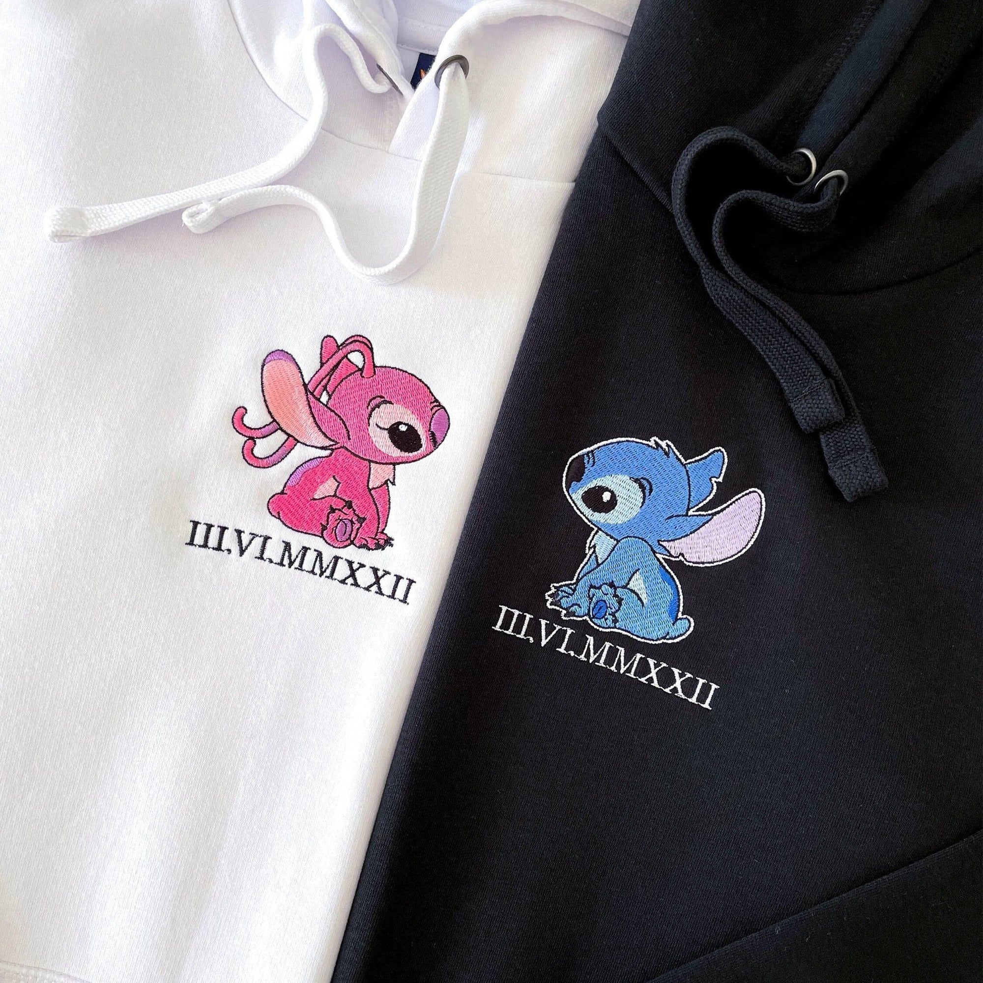 Custom Embroidered Sweatshirts for Couples, Matching Roman Numeral Date Hoodie, Cute Cartoon Alien Duo Hoodie