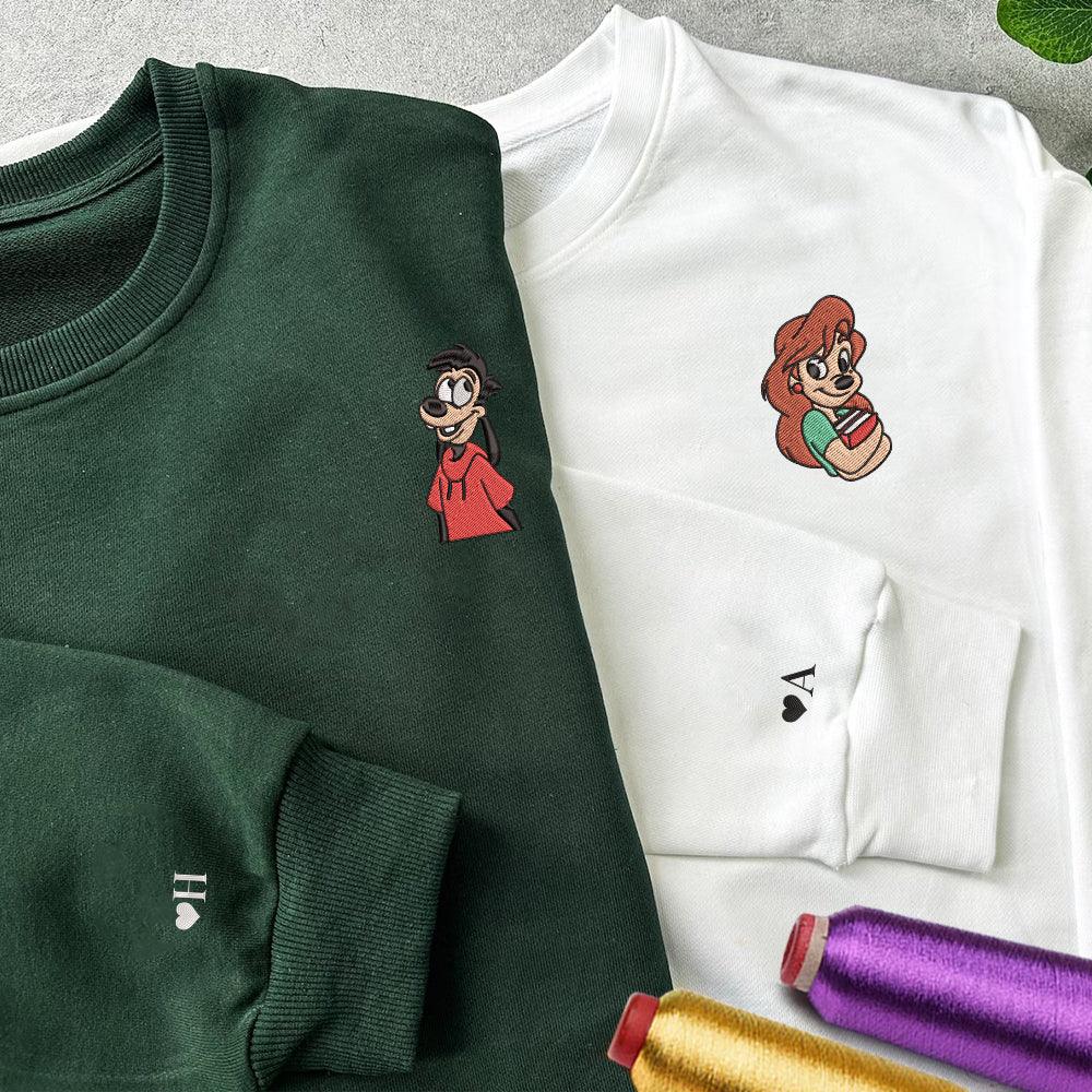 Custom Embroidered Sweatshirts for Couples, Sweet Cartoon Puppy Pair Crewneck, Anniversary Outfit