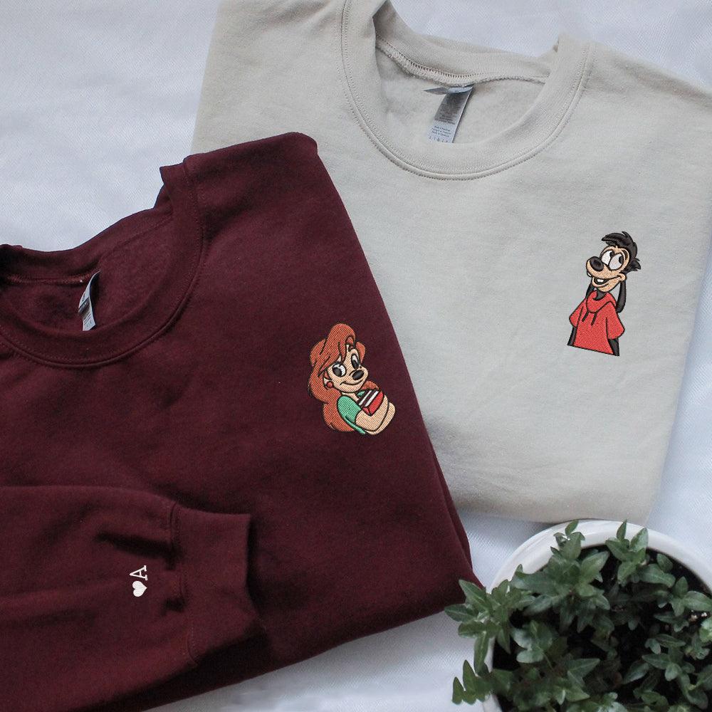 Custom Embroidered Sweatshirts for Couples, Sweet Cartoon Puppy Pair Crewneck, Anniversary Outfit