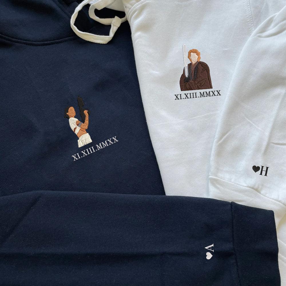 Custom Embroidery Couple Hoodies, Cute Galaxy Romance Sweatshirts, Matching Couples Hoodie