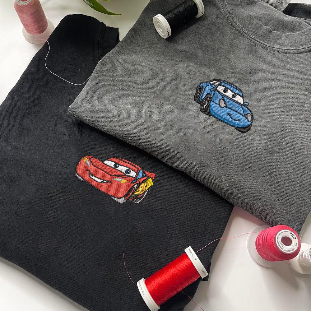 Custom Matching Couple Hoodies, Cartoon Car Duo Embroidered Crewneck for Him & Her