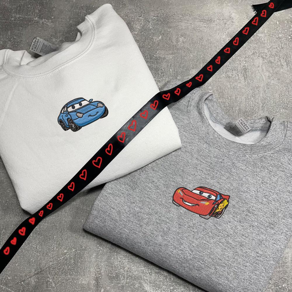Custom Matching Couple Hoodies, Cartoon Car Duo Embroidered Crewneck for Him & Her