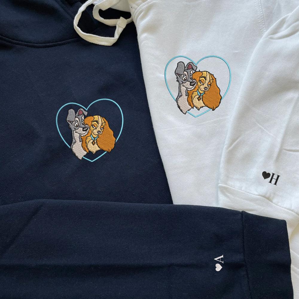 Custom Matching Couple Hoodies, Sweet Cartoon Dog Duo Embroidery, Anniversary Gift Outfit