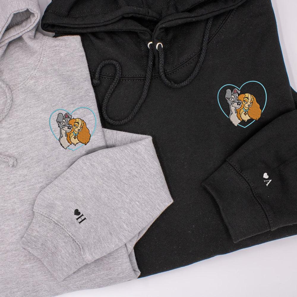 Custom Matching Couple Hoodies, Sweet Cartoon Dog Duo Embroidery, Anniversary Gift Outfit
