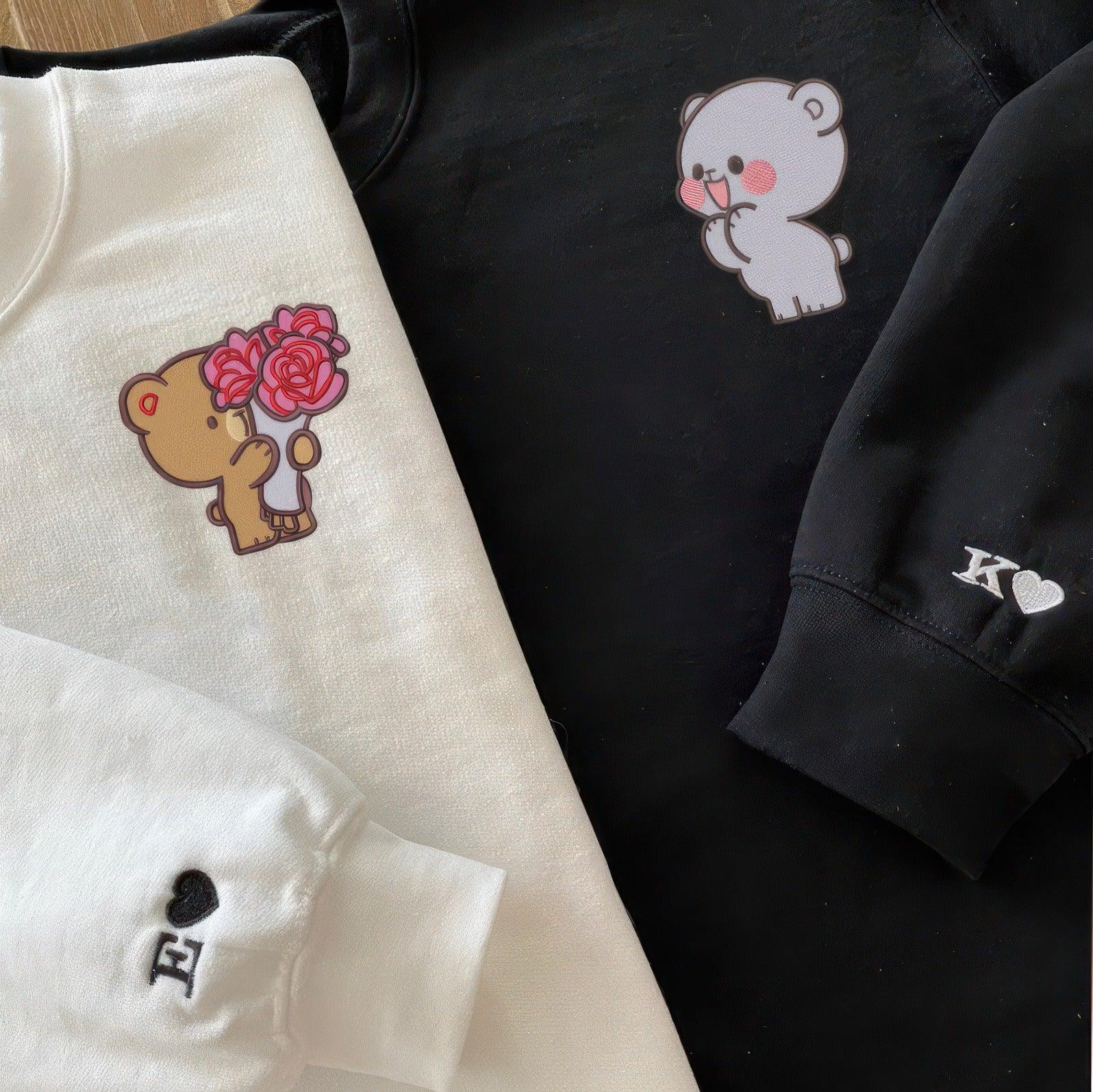 Custom Matching Couple Sweatshirts, Adorable Cartoon Bear Embroidery Sweater For Couples