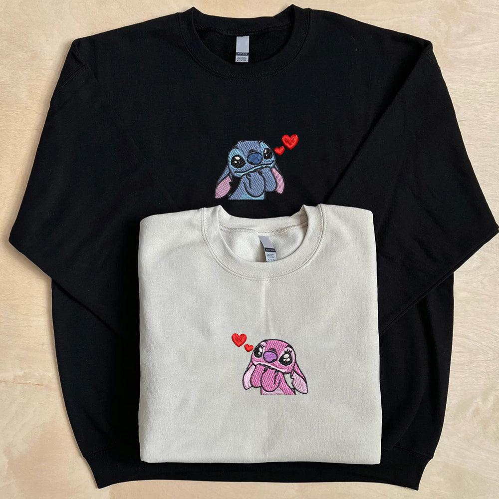 Custom Matching Couple Sweatshirts, Cute Cartoon Lovers Embroidered Crewneck