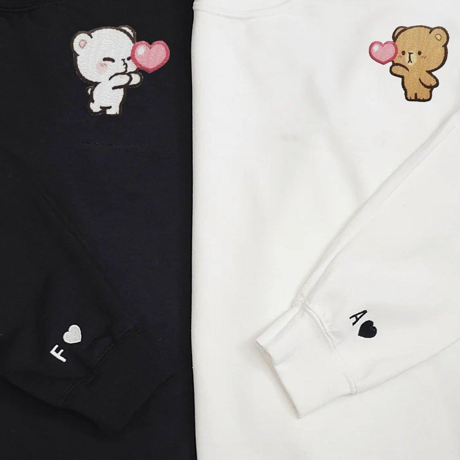 Custom Matching Couple Sweatshirts, Lovely Bear Holding Heart Embroidered Hoodie