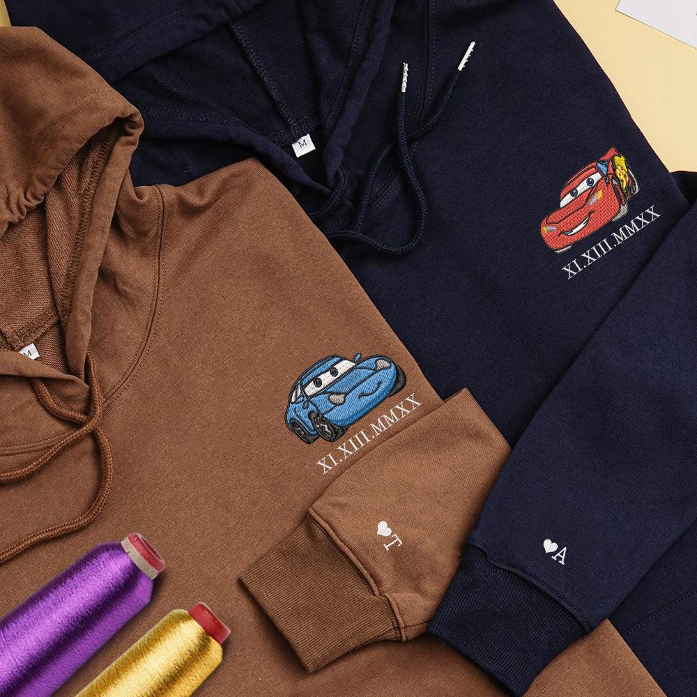 Custom Matching Hoodies for Couples, Embroidered Cars Sweatshirts with Roman Numeral