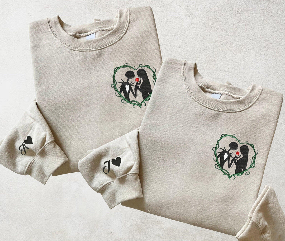 Custom Romantic Embroidered Hoodie for Couples, Spooky Love Heart Sweatshirt, Matching Couple Outfit