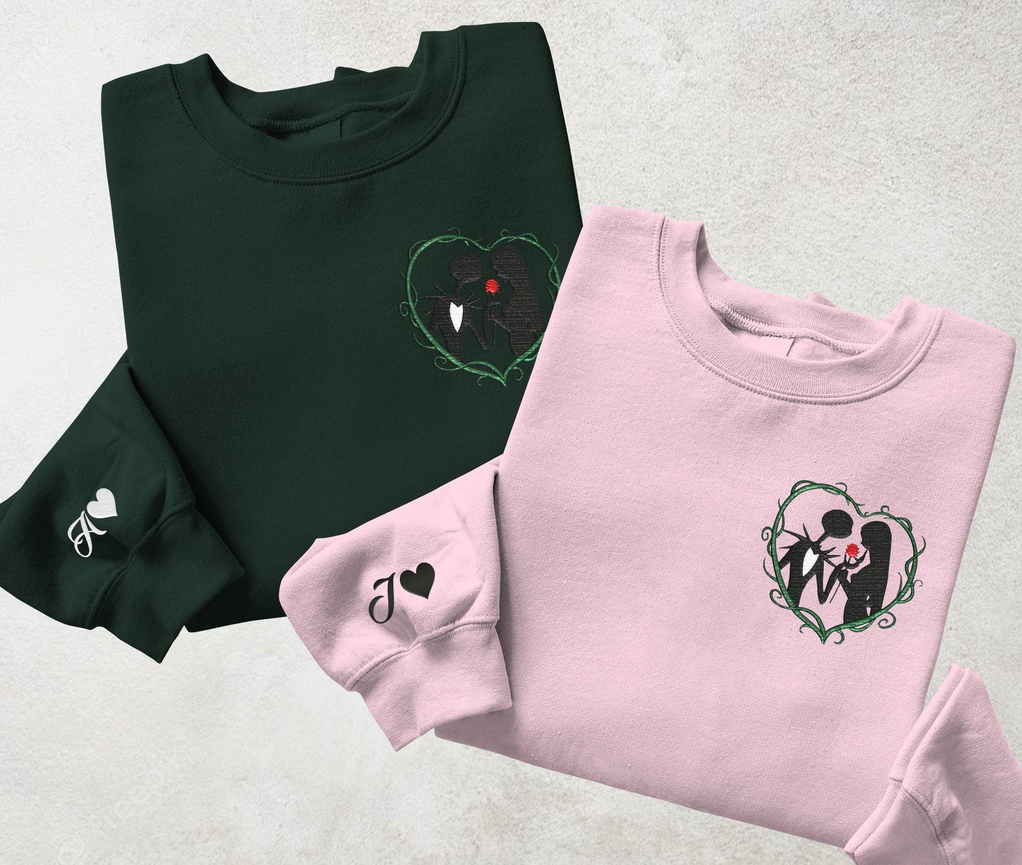 Custom Romantic Embroidered Hoodie for Couples, Spooky Love Heart Sweatshirt, Matching Couple Outfit