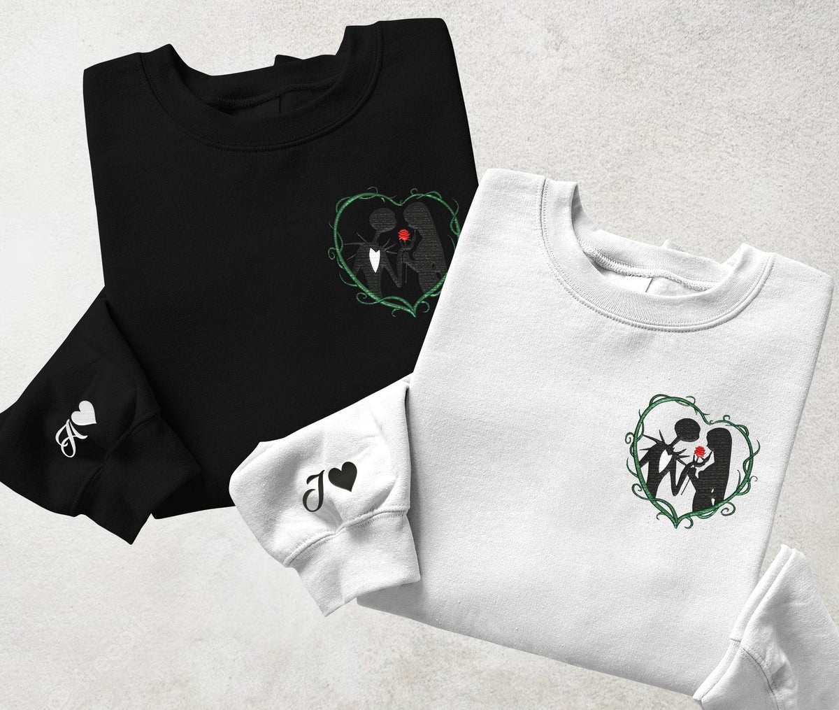 Custom Romantic Embroidered Hoodie for Couples, Spooky Love Heart Sweatshirt, Matching Couple Outfit