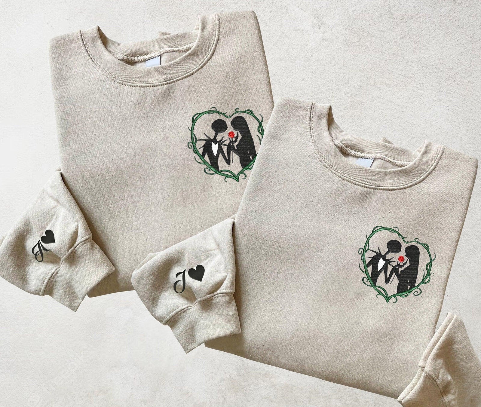 Custom Romantic Embroidered Sweatshirt for Couples, Spooky Love Heart Sweater, Matching Couple Outfit