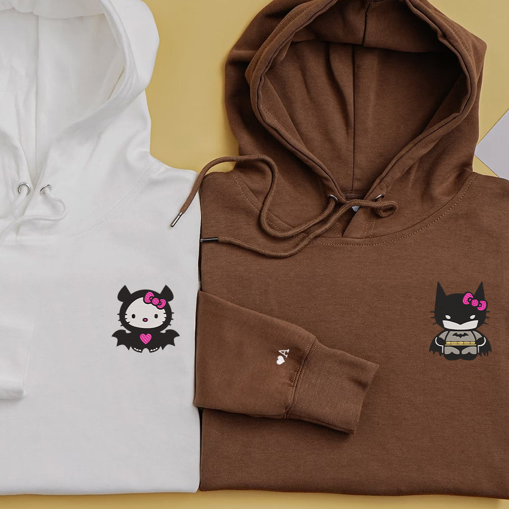 Custom Embroidered Hoodies For Couples, Cute Batx Kitten Couples Embroidered Hoodie