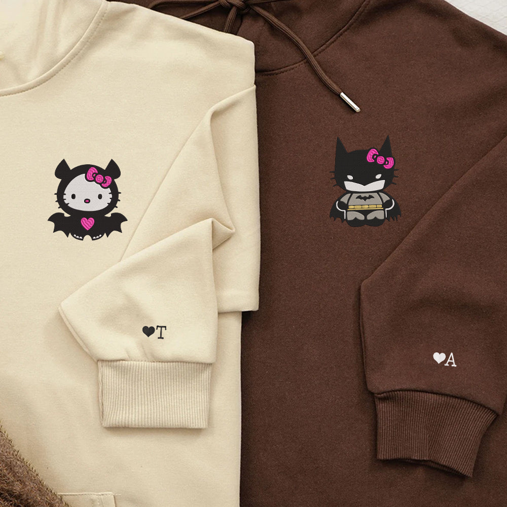 Custom Embroidered Hoodies For Couples, Cute Batx Kitten Couples Embroidered Hoodie