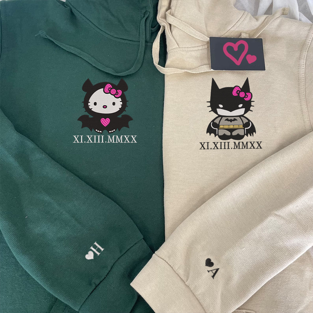 Custom Embroidered Roman Numeral Date Hoodies For Couples, Cute Bat x Kitten Couples Embroidered Hoodie