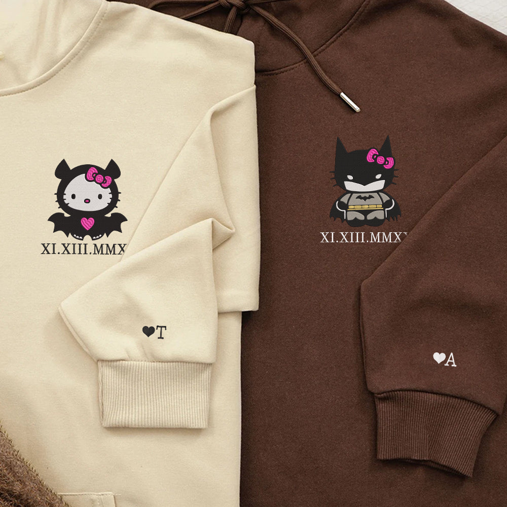 Custom Embroidered Roman Numeral Date Hoodies For Couples, Cute Bat x Kitten Couples Embroidered Hoodie
