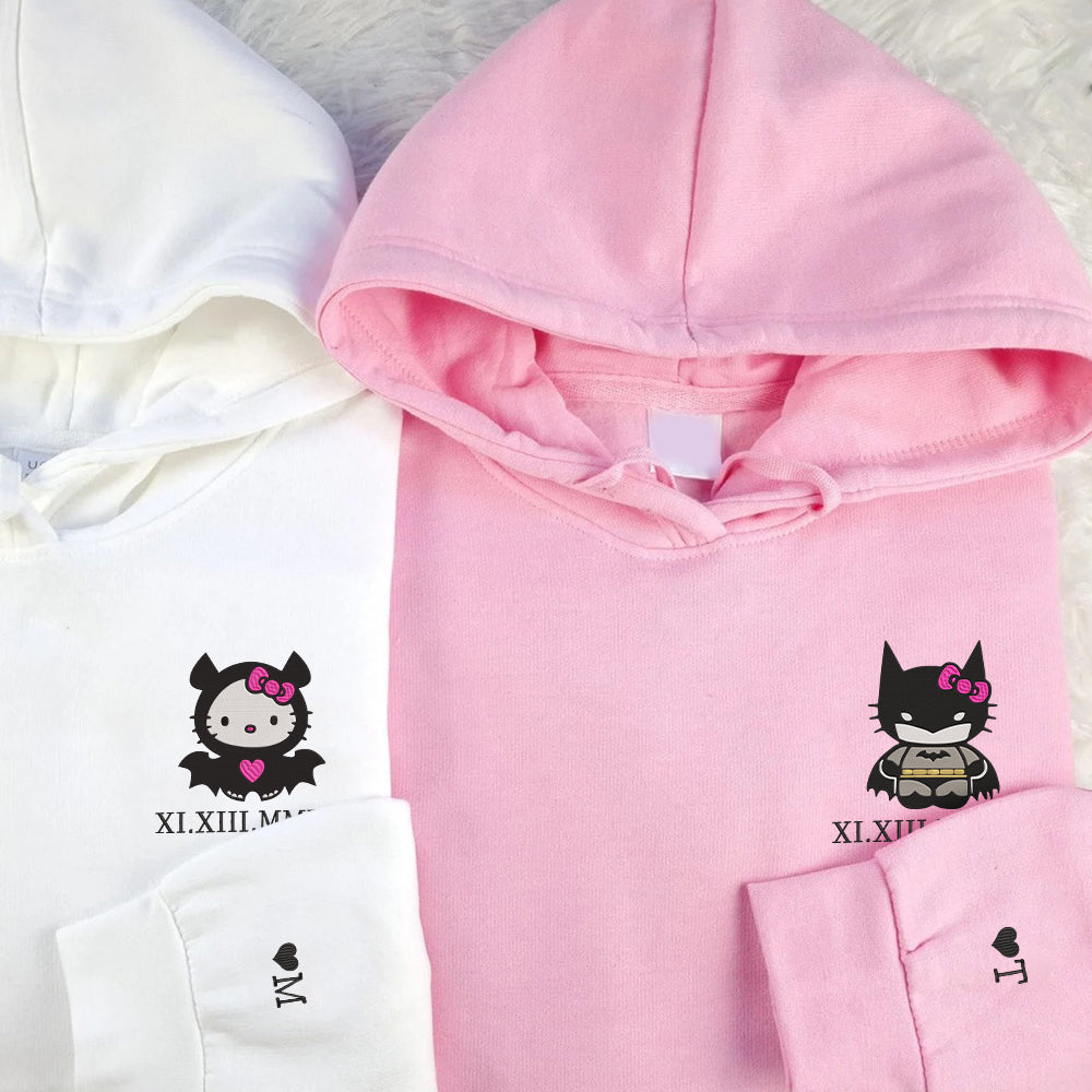 Custom Embroidered Roman Numeral Date Hoodies For Couples, Cute Bat x Kitten Couples Embroidered Hoodie