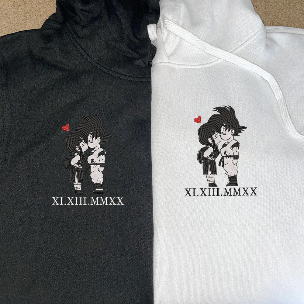 Custom Embroidered Roman Numeral Date Hoodies For Couples, Cute Chihi × Goku Couples Embroidered Hoodie