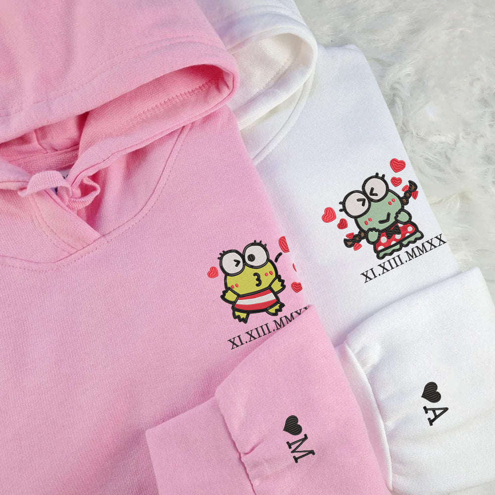 Custom Embroidered Roman Numeral Date Hoodies For Couples, Cute Cartoon Flogs Couples Embroidered Hoodie