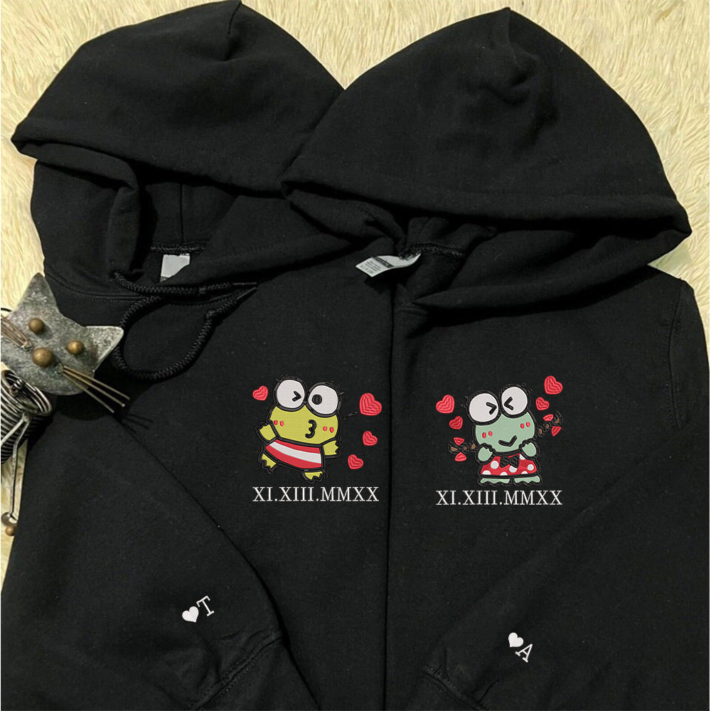 Custom Embroidered Roman Numeral Date Hoodies For Couples, Cute Cartoon Flogs Couples Embroidered Hoodie