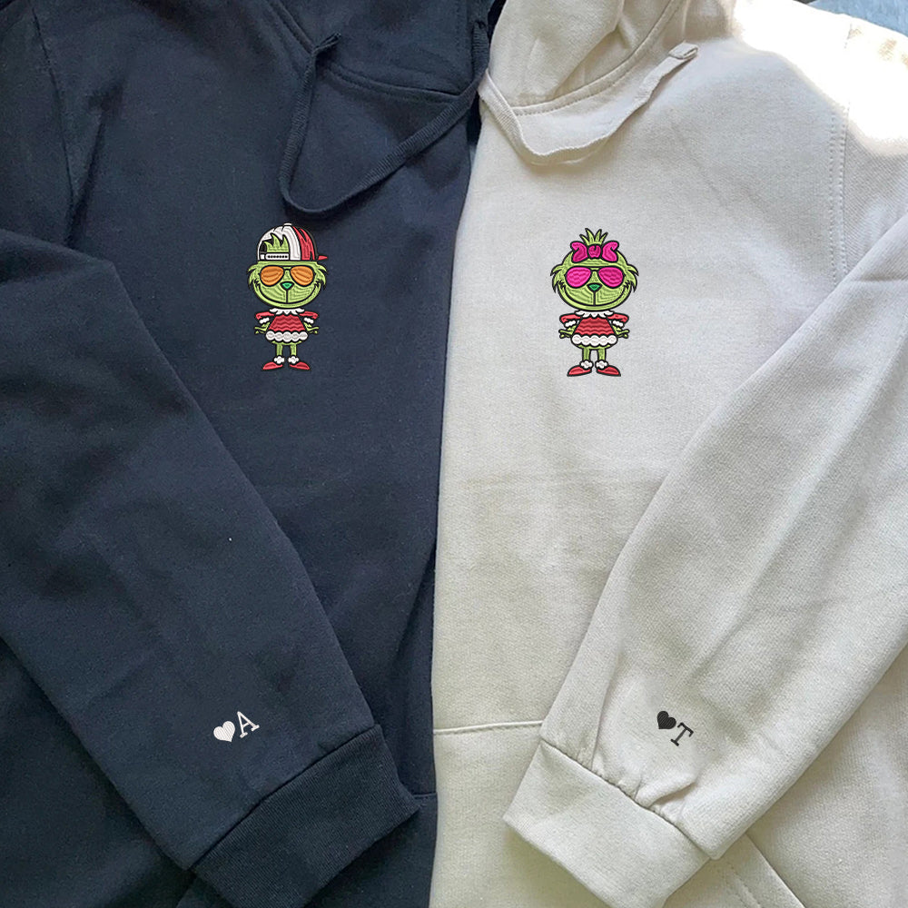 Custom Embroidered Hoodies For Couples, Cute Cartoon Green Christmas Couples Embroidered Hoodie