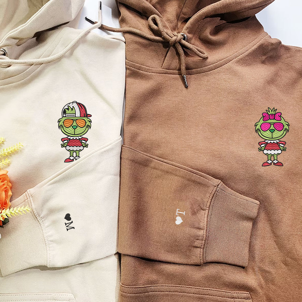 Custom Embroidered Hoodies For Couples, Cute Cartoon Green Christmas Couples Embroidered Hoodie