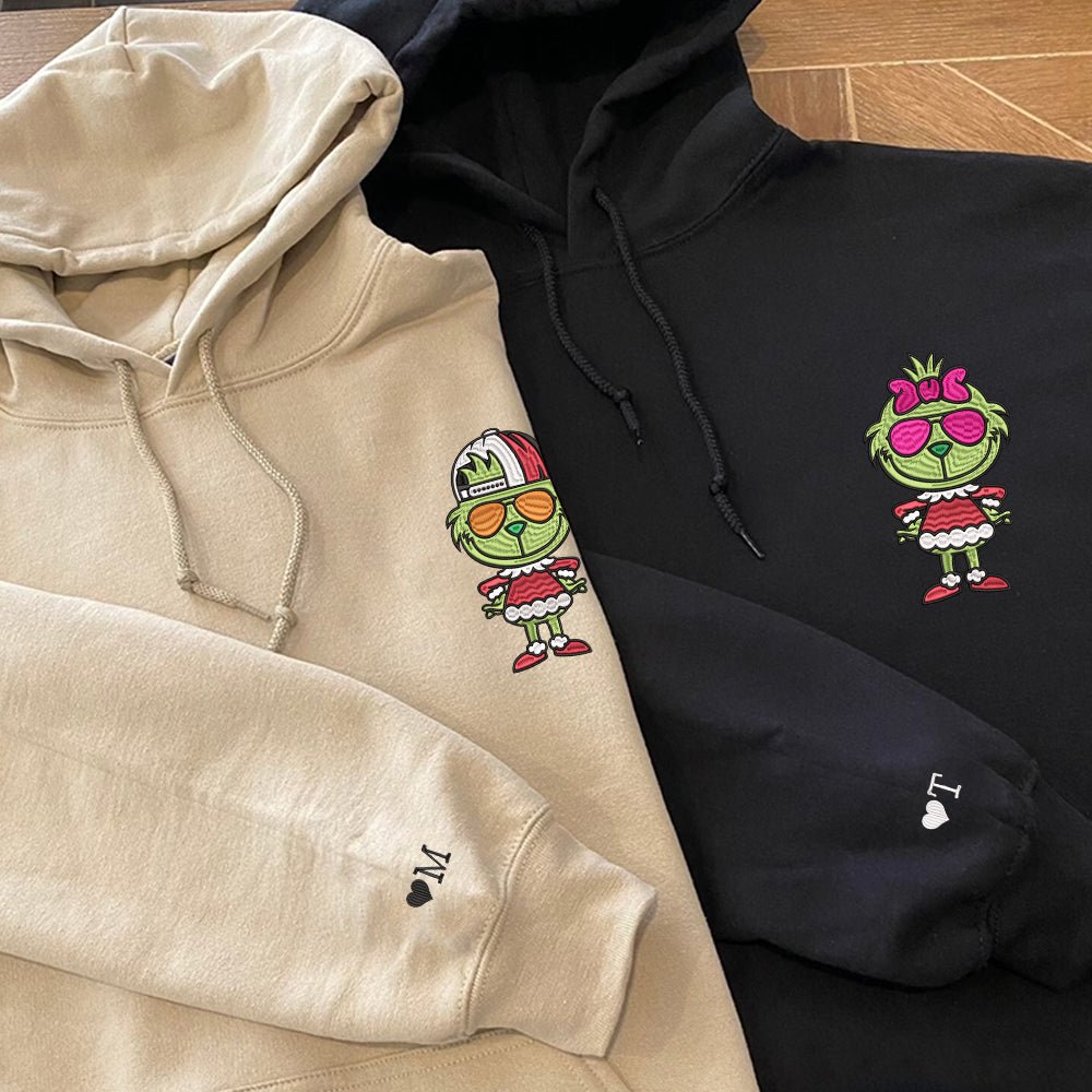 Custom Embroidered Hoodies For Couples, Cute Cartoon Green Christmas Couples Embroidered Hoodie