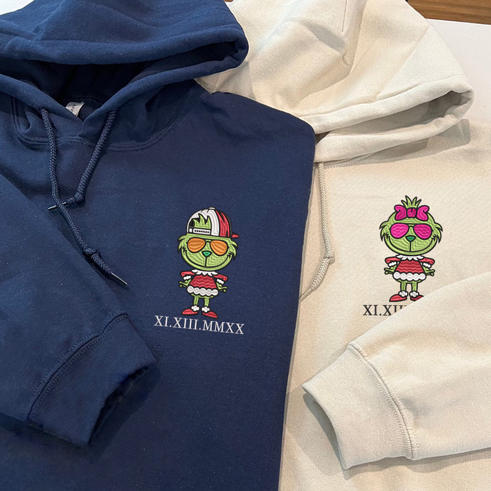 Custom Embroidered Roman Numeral Date Hoodies For Couples, Cute Cartoon Green Couples Embroidered Hoodie