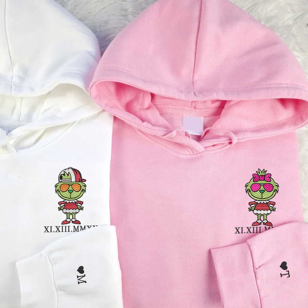 Custom Embroidered Roman Numeral Date Hoodies For Couples, Cute Cartoon Green Couples Embroidered Hoodie